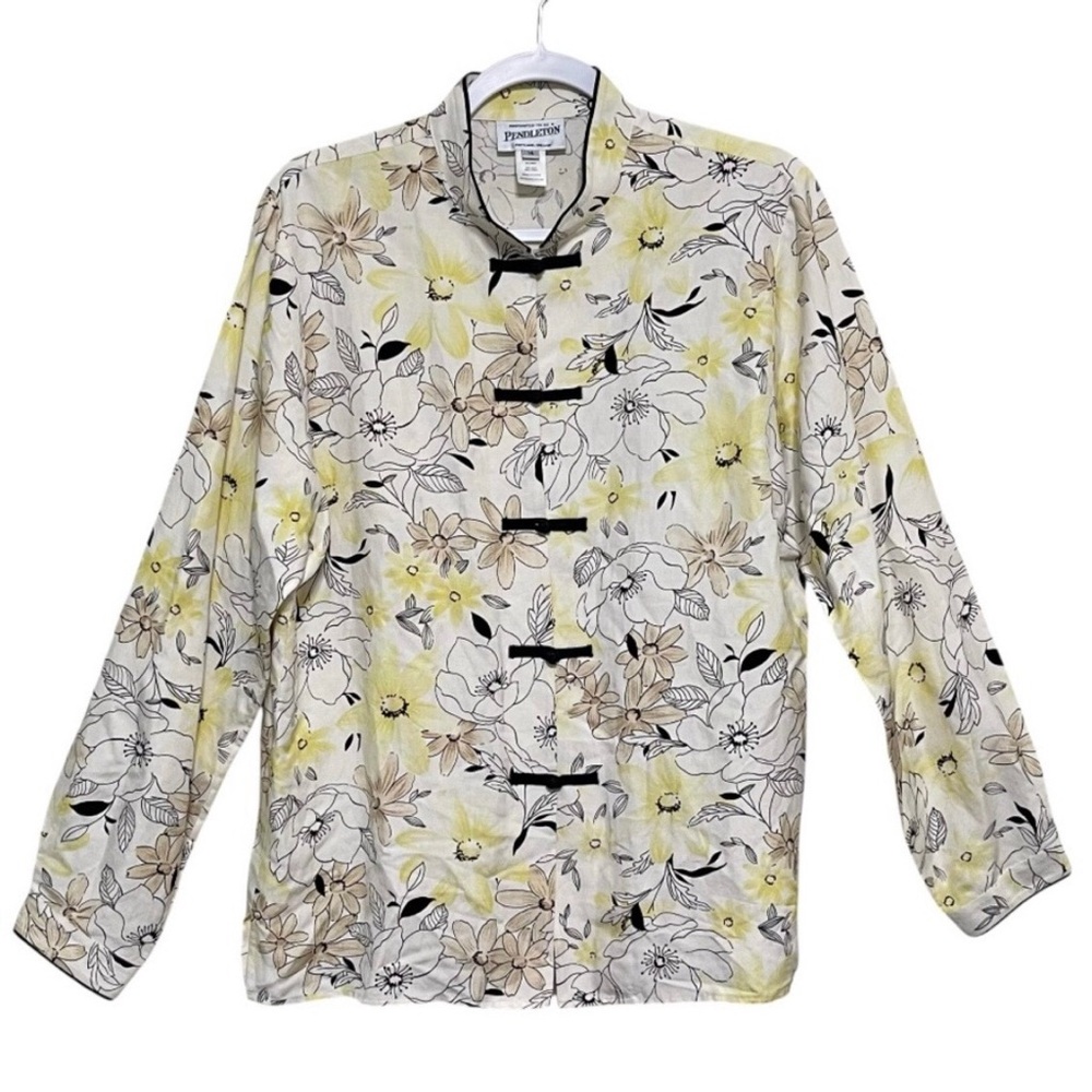 Pendleton Silk Linen Button Up Shirt Floral Long Sleeve Asian Inspired Size 14